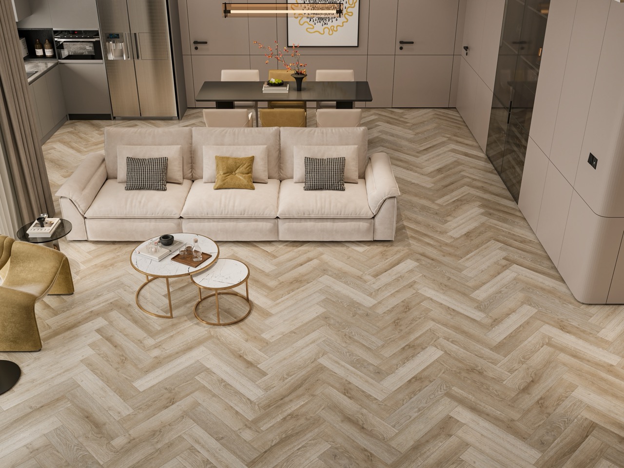 Кварцвиниловый SPC ламинат Cronafloor Herringbone Дуб Лилль H007 венгерская елка 640×128×4,5 фото в интерьере